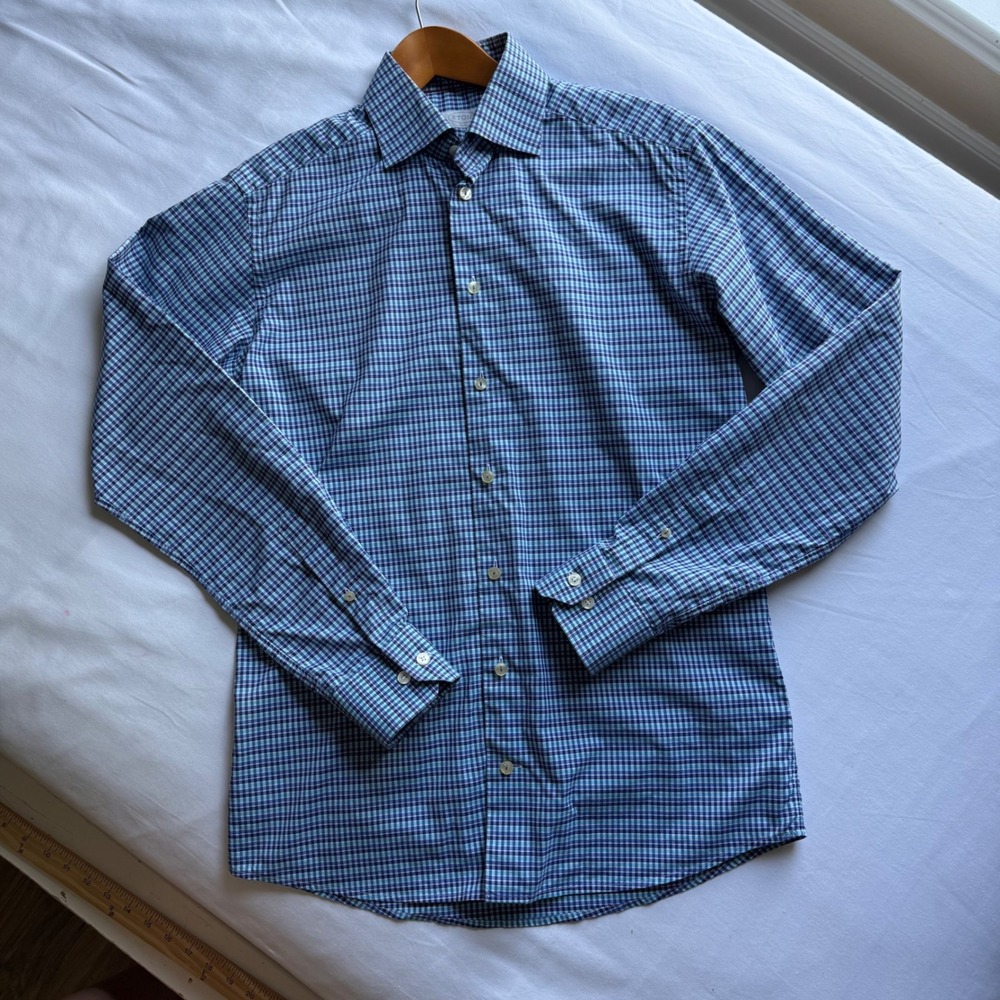 Eton Slim Fit Dress Shirt 15.5 39 Blue Micro Check Cotton Long Sleeve Quality